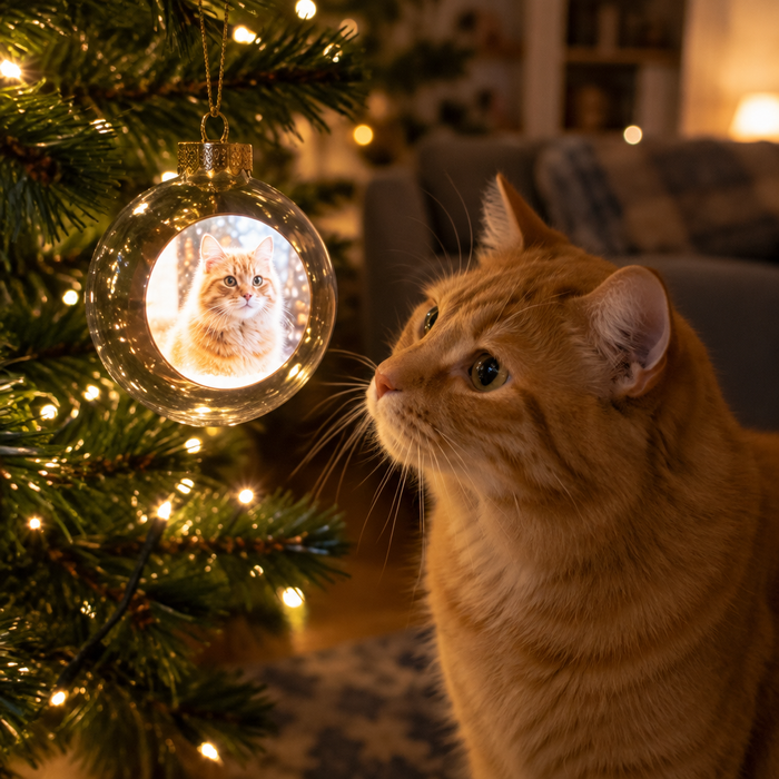 A cat staring at itself on the ornament (illustration, screen simulated)