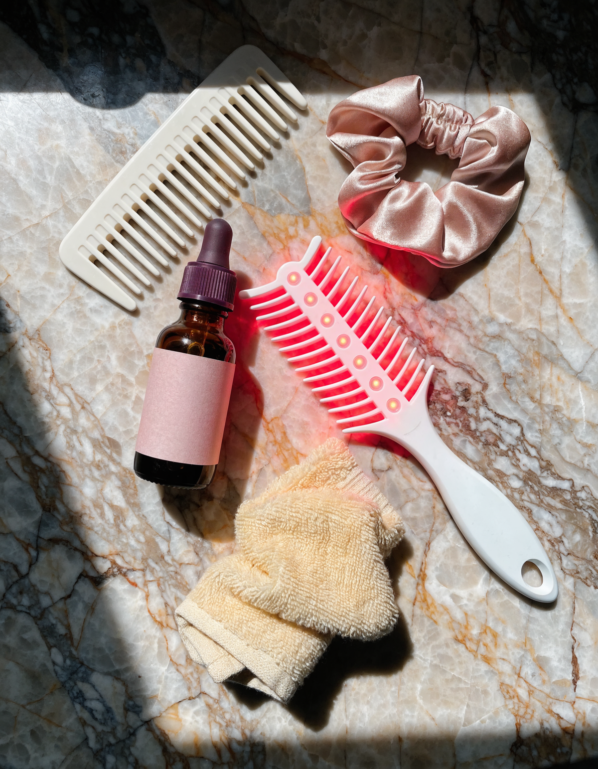 Scalp-care routine flat lay