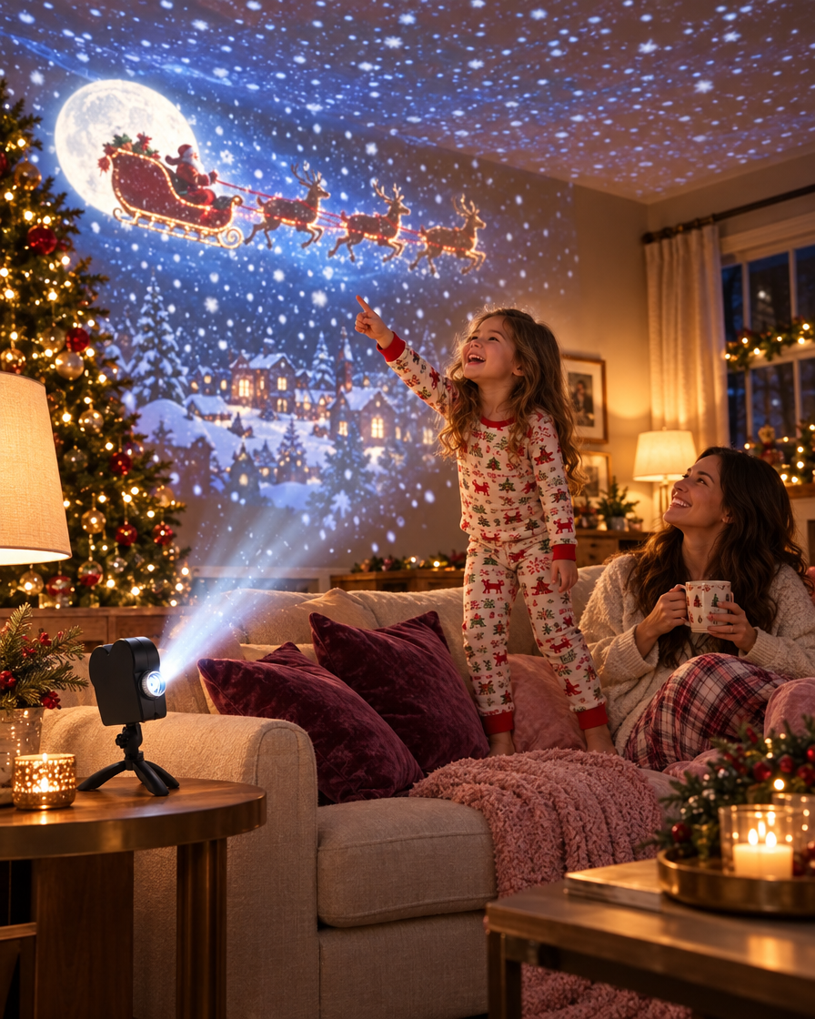 Snow and Santa across the living room ceiling (illustration)