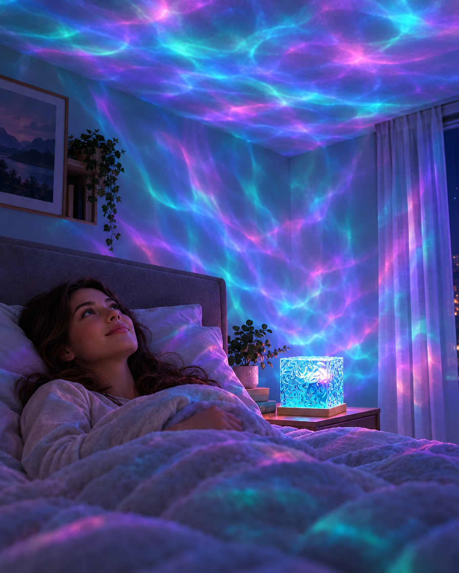 Northern-lights ripples across the bedroom ceiling (illustration)