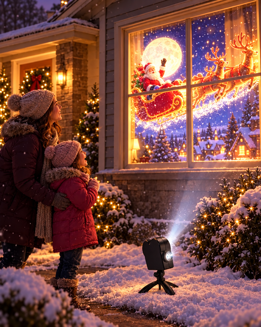 Santa's sleigh projected into a front window — no ladder (illustration)