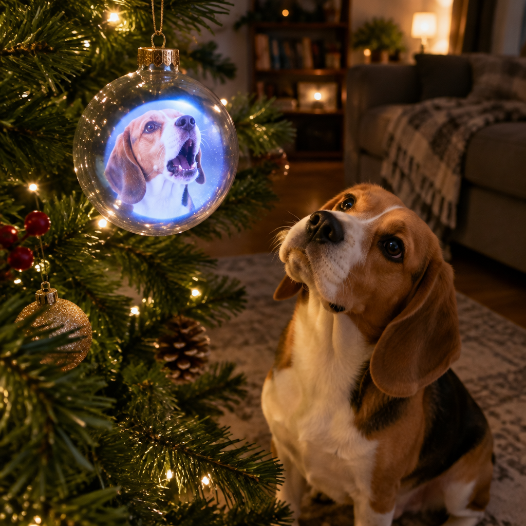 A beagle tilts its head at its own video on the ornament (illustration, screen simulated)