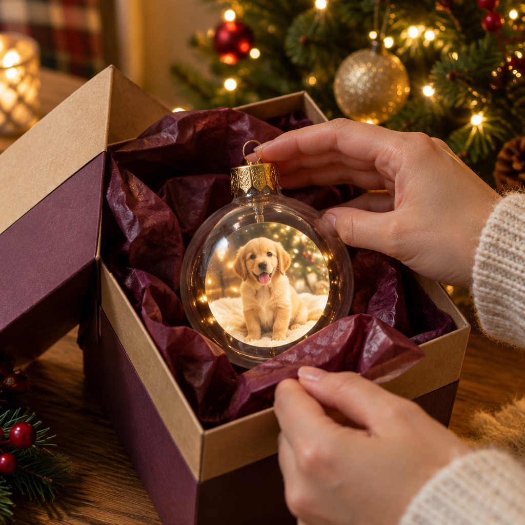 The ornament in its gift box with a puppy on the screen (illustration, screen simulated)