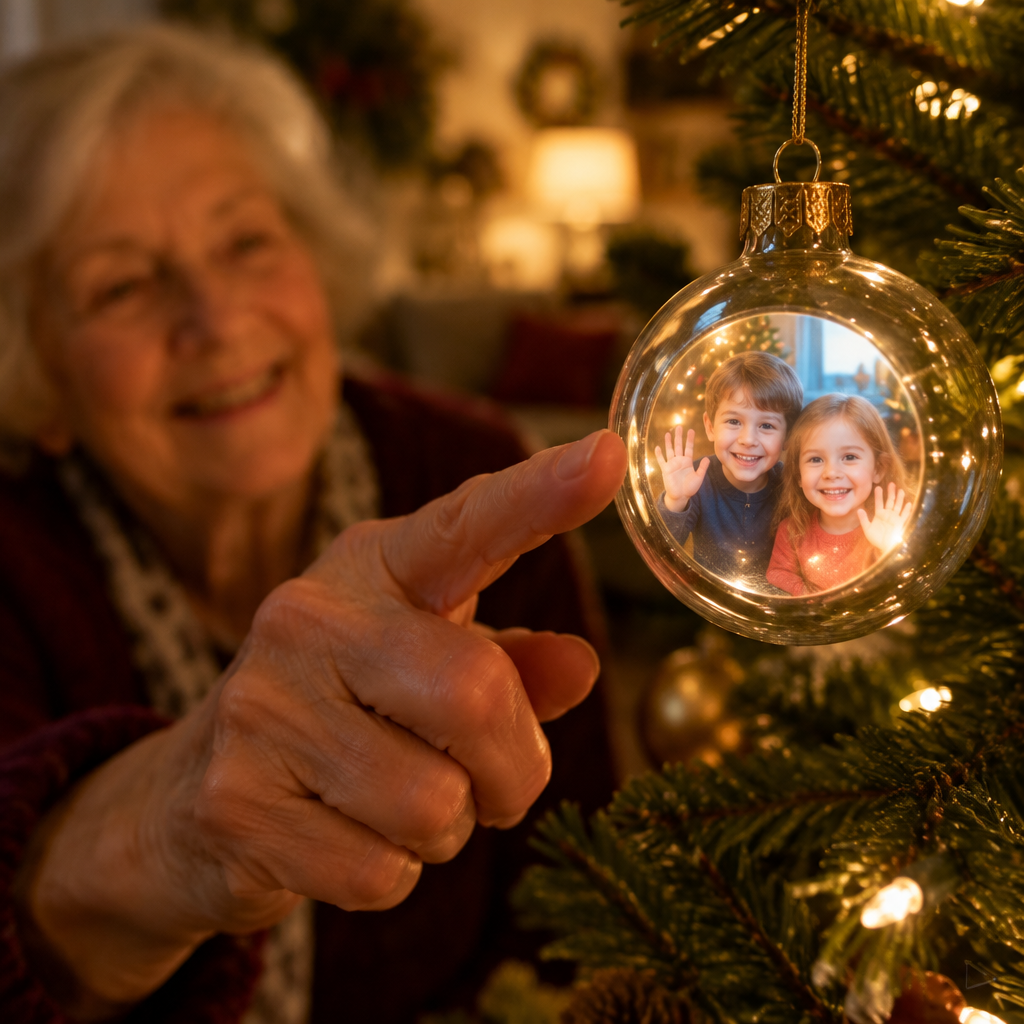 Grandma taps the ornament and the grandkids wave from its screen (illustration, screen simulated)