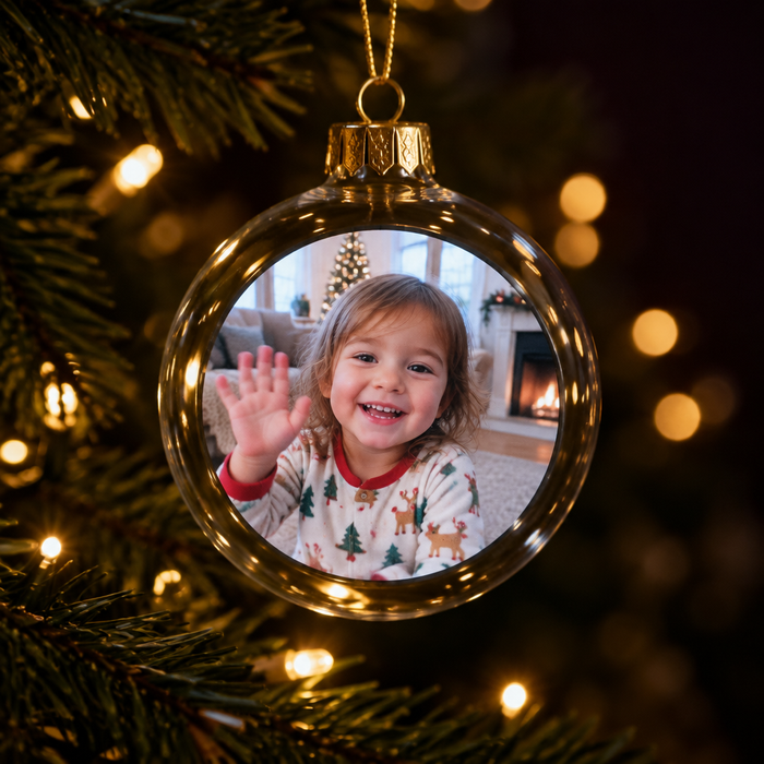 HueMe Heirloom on the tree, a toddler waving on its screen (illustration, screen simulated) [lead]